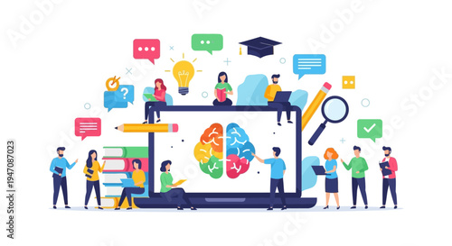 E-Learning Platform Concept: Digital Education, Knowledge Acquisition, and Idea Generation. Students and diverse people studying online with brain illustration on laptop screen.