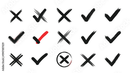 Set of hand drawn black ink brush stroke checkmarks and crosses with one prominent red checkmark on a white background for validation.
