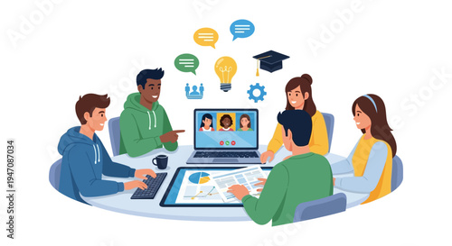 Diverse Team Collaboration Vector Illustration. Group of Students Studying, Discussing Ideas, and Video Conferencing for Online Education or Hybrid Work.