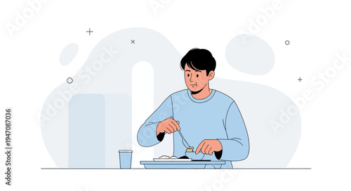 Man eating food with fork and knife, healthy meal, simple flat illustration