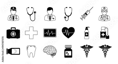 Black and white medical and healthcare icons set for design