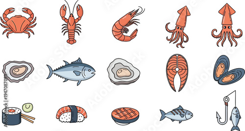Seafood fish shellfish icon set with crab lobster shrimp oyster sushi and tuna