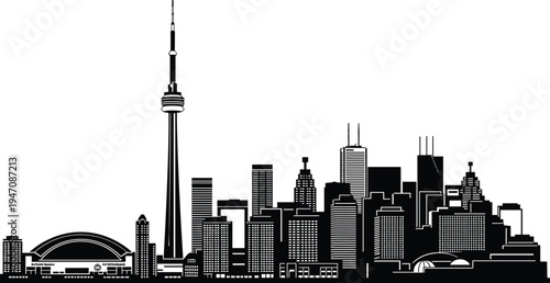 Toronto city skyline silhouette, Canada urban downtown with CN Tower landmark, modern cityscape vector illustration isolated on white background, architectural skyline concept