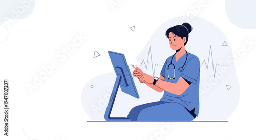 Nurse using digital tablet with heartbeat graphic, modern healthcare concept