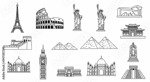 Black and white line art icons of world famous landmarks
