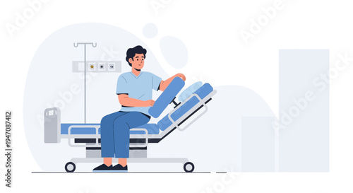 Patient Sitting on Hospital Bed with IV Stand, Medical Care Concept