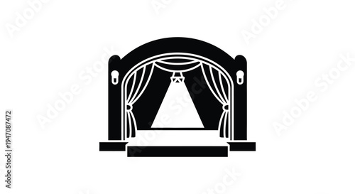 A striking black stage curtain design with ornate details and a bright central spotlight silhouette high quality professional
