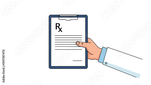 Hand of a doctor wearing a white lab coat holding a blue clipboard with a medical prescription form marked with the classic Rx symbol.