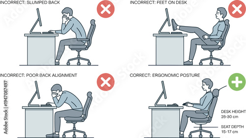 Office ergonomic posture guide illustration showing correct and incorrect sitting positions at computer desk, workplace health safety vector infographic for proper workstation setup