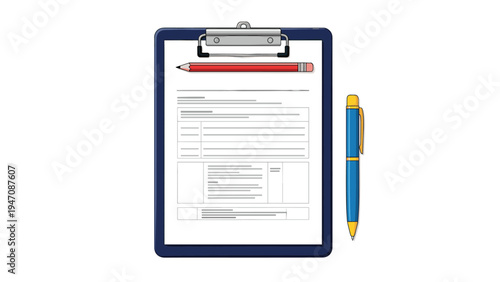 Clipboard holding a multi page document with a red pencil on top and a blue ballpoint pen on the side isolated on a white background.