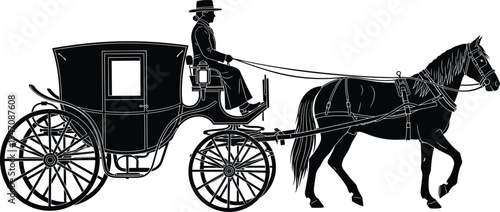 Vintage horse drawn carriage with driver silhouette isolated on white background, classic transportation vehicle concept vector illustration for historical travel design