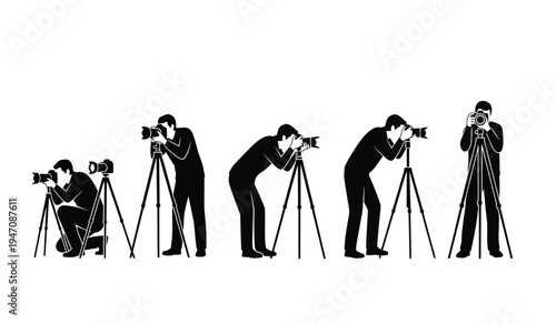 A sequence of five silhouettes showing photographers using cameras with tripods in various poses