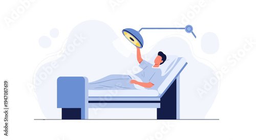 Patient Lying in Hospital Bed Under Surgical Lamp, Medical Care Illustration