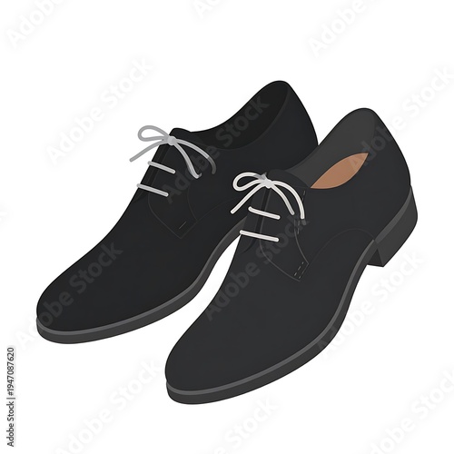 Two black leather dress shoes, one showing a brown lining, laces are tied, set against a plain white background