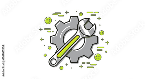 Gray gear and adjustable wrench with smiley faces and symbols around on white