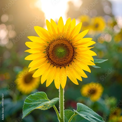 Vibrant sunflower with sunny bokeh backdrop, showcasing a bright, joyful blossom against a blurred field