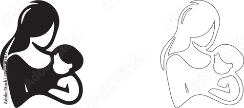 Mom holds her baby to her chest. Vector silhouette of motherhood and breastfeeding.
