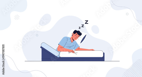 Man sleeping peacefully on a comfortable mattress, Zzz symbol, restful sleep concept