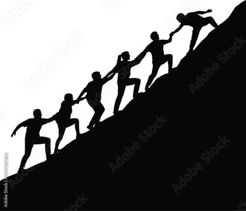 Silhouette of people helping each other to climb a mountain for teamwork concept