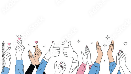 Many human hands in various sleeves reaching up and making heart signs thumbs up and clapping gestures for appreciation and success.