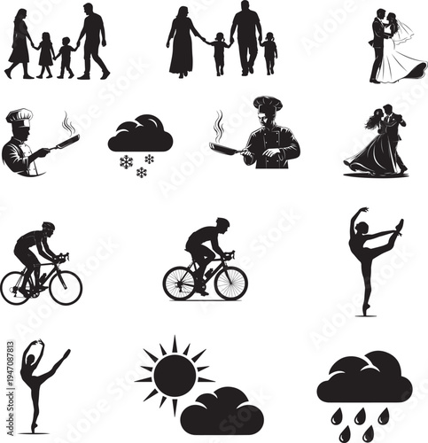 A professional collection of black silhouette vector icons featuring a set of woman and cat yoga poses, sport symbols, and cartoon animal illustrations designed for a modern artistic sign set