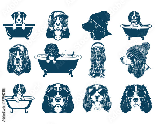 Cute Dog Bath Time Illustration Set – Funny Puppy Grooming and Pet Care Icons