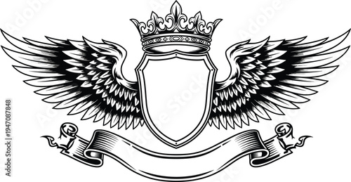 Winged heraldic shield crest vector illustration, royal crown emblem with spread eagle wings and ribbon 