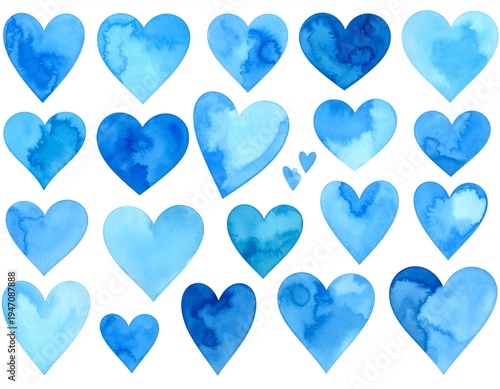 Watercolor blue hearts collection on white background. Variety of tones and textures conveying affection and love