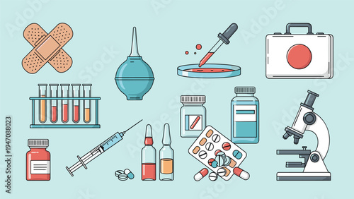 Set of medical and laboratory equipment icons including a microscope, syringe, test tubes, and pills on a light blue background.