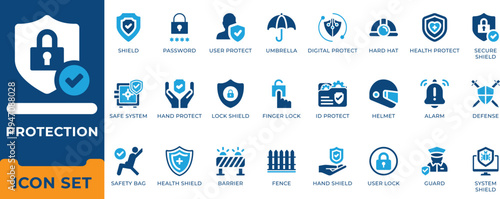 Digital security and physical protection icon set. Cyber privacy, health safety, shield, password, authentication and secure access vector symbols.