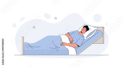 Man in hospital bed, recovering, illustration, medical care concept