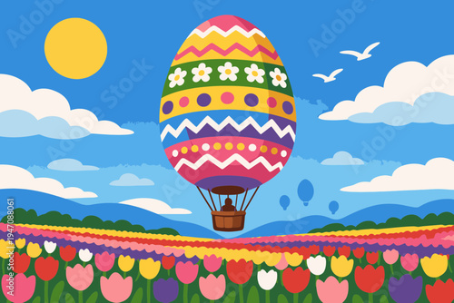 Large Easter Egg Shaped Hot Air Balloon Floating Over Tulip Field