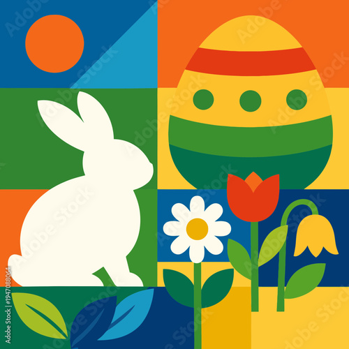 Geometric Mosaic Style Easter Composition with Bunny, Egg and Flowers