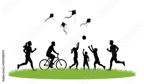 Silhouettes of active people including cyclists and runners enjoying outdoor recreation together
