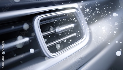 Close-up of a cars interior air conditioning vent with glowing particles.