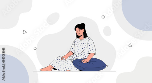 Woman in hospital gown sitting on floor with pillow, illustration