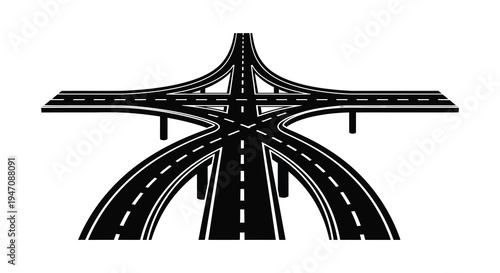 An aerial view depicts a complex highway interchange with multiple overpasses and roadways a striking silhouette high quality