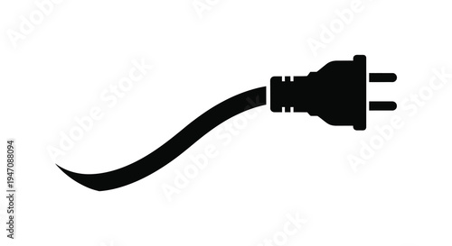 A sleek black electrical plug with a curved cable is prominently displayed against a white background silhouette