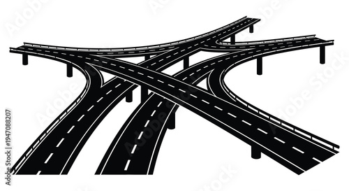 An intricate network of overlapping highway overpasses and curving roadways is depicted in stark black silhouette high quality