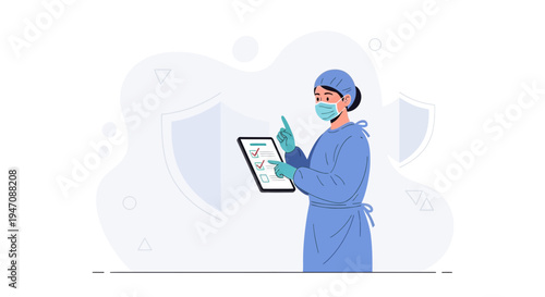 Doctor in surgical gown checking checklist on tablet, medical protection concept