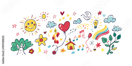 A vibrant and colorful illustration of various nature and love symbols