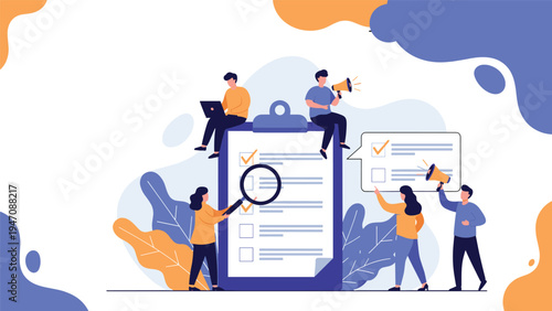 Group of business people working together on a massive clipboard checklist representing project management and task coordination.
