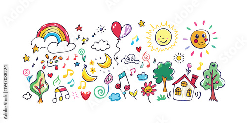 A vibrant and colorful illustration of various objects and creatures in a playful scene