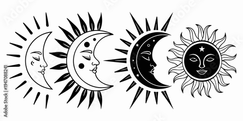 A series of four celestial bodies depicting the phases of the moon and the sun