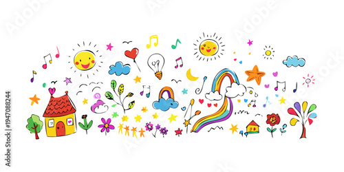 A vibrant and colorful illustration of various toys and objects floating in the sky