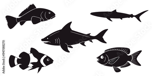Assorted silhouettes of various fish species swimming in water