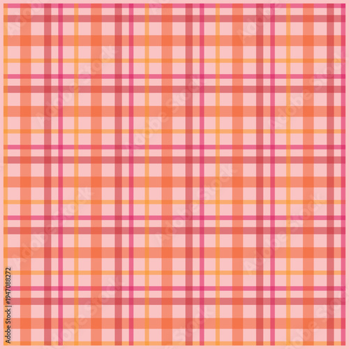 Vibrant orange and pink plaid pattern with intersecting lines and soft pastel hues