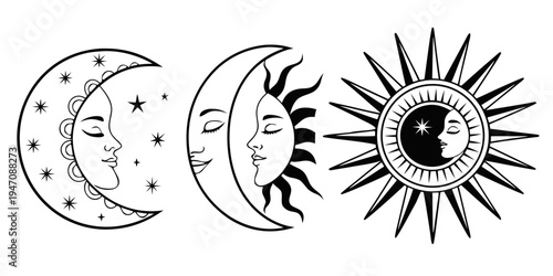 A collection of intricate black and white celestial designs featuring the moon and sun
