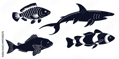 A collection of diverse fish and shark silhouettes in various shapes and sizes.