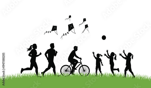 A silhouette of a diverse group of people enjoying outdoor activities together on a green meadow